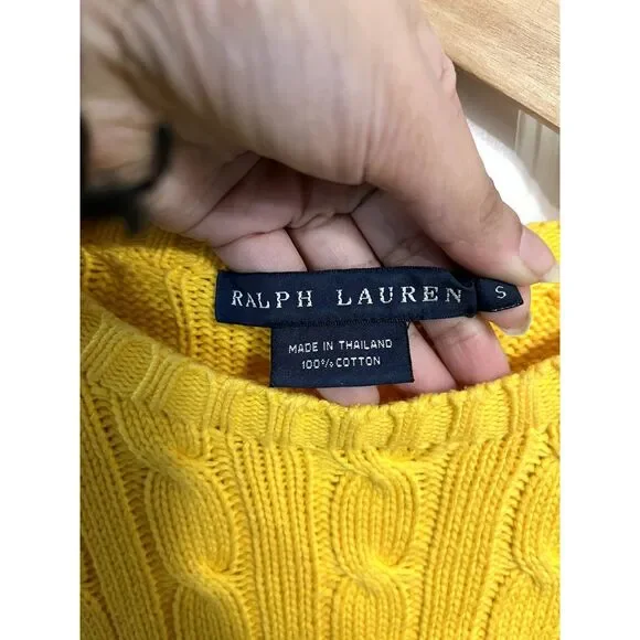 Ralph Lauren Yellow Cable Knit Cotton Crewneck Sweater Size Small - Picture 5 of 6